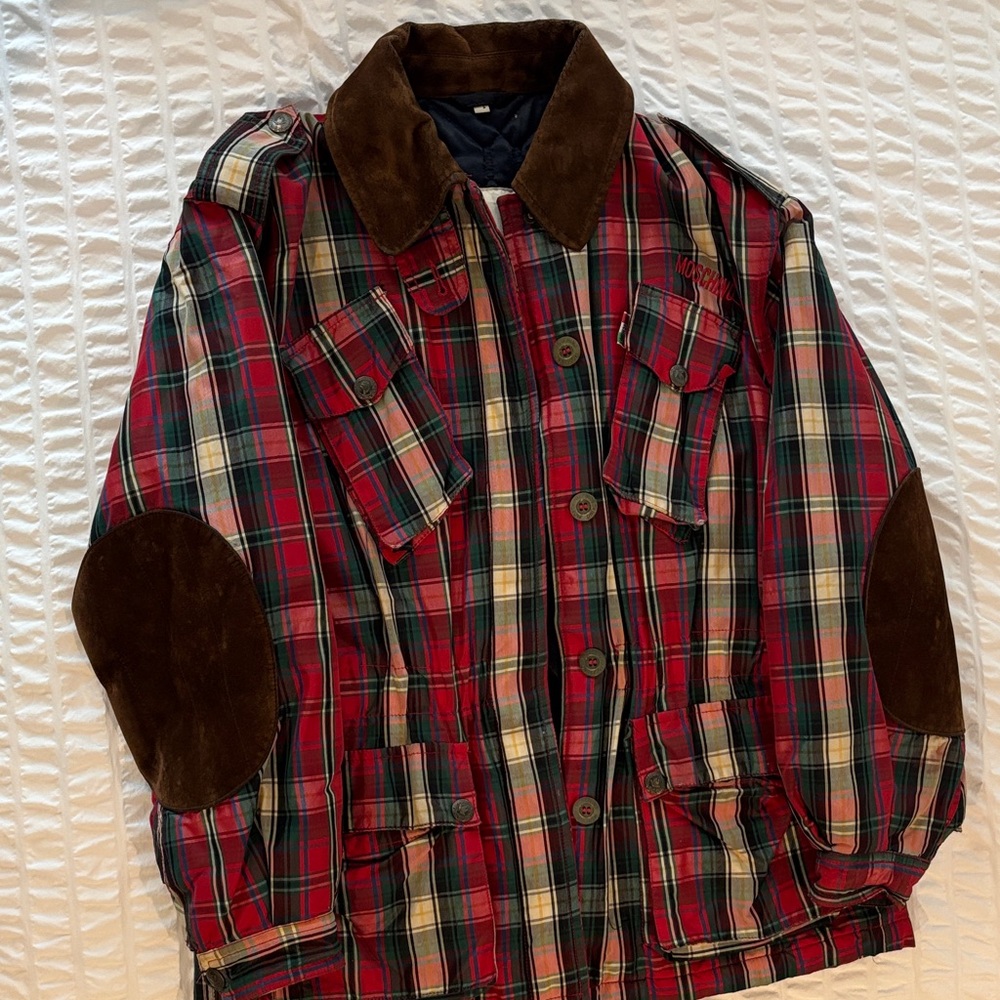 Moschino Plaid Jacket with brown suede collar and elbow patches